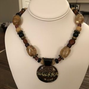 Chico’s Brass Brown Multi Colored Pendant Necklace